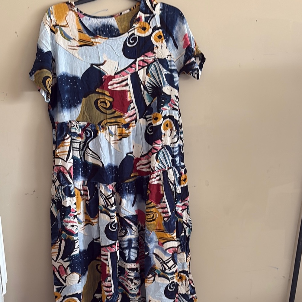 Blue and White Resort Maxi Dress with Crew Neck